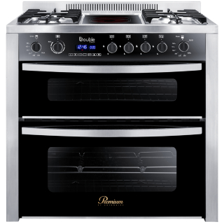 Premium Double Chef Cooker, 5 Burners (4 Gas Burners + 1 Infra Burner), 60×90 cm, 2 Vertical Ovens
