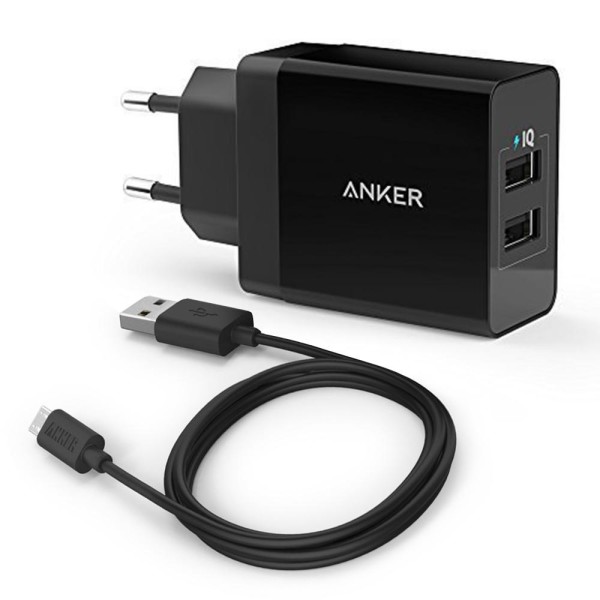  Anker Home charger 24W 2-Port USB Charger EU Black + 3ft micro USB Cable Black